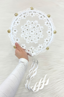 Beyaz Çiçekli Parlak Taşlı Gelin Tefi, Düğün Kına Söz Sünnet Bekarlığa Veda Bride Zilli 25cm, 1 Adet