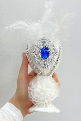 Beyaz Düğün Nikah Takı İçin İğnelik, Tüylü Taşlı Kına Gecesi Gelin Damat Söz Nişan Sünnet İğnedanlık