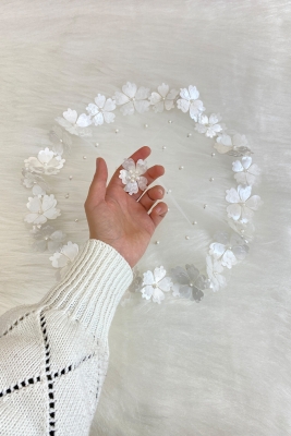 Beyaz Gelin Damat Halay Mendili, Yonca Çiçekli Ve Incili, Düğün Kına Söz Nişan Sünnet Bride Sağdıç