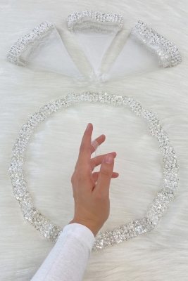 Beyaz Gelin Damat Mendili, İnci, Pul Ve Cam Boncuk İşlemeli, Düğün Kına Sünnet Söz Nişan Halay