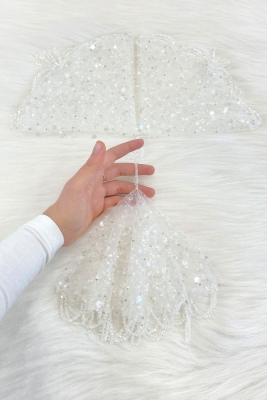 Beyaz Gelin Damat Mendili, Pul Payet Inci Ve Kristal Taş Detaylı, Düğün Kına Sünnet Söz Nişan Halay