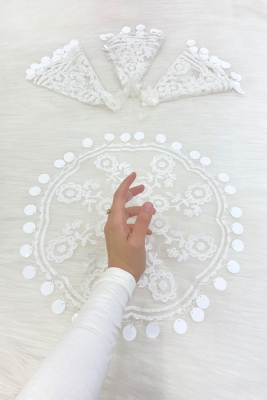 Beyaz Gelin Damat Mendili, Simli Flok Baskılı Pullu, Düğün Kına Halay Nişan Söz Sünnet Bride Parti