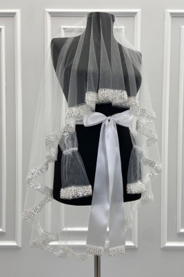 Beyaz Gelin Duvak Seti, İnci, Pul Ve Cam Boncuk İşlemeli, Kına Gecesi Duvağı Seti 6 Parça