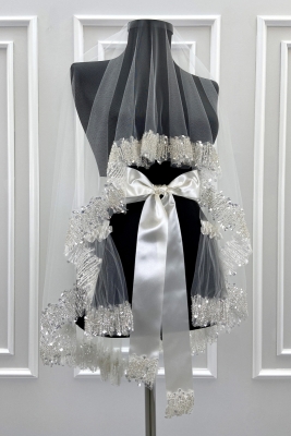 Beyaz Gelin Duvak Seti, Işıl Işıl Kristal Cam Boncuk Ve Pul İşlemeli Kına Duvağı 6 Parça