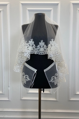 Beyaz Gelin Duvak Seti Klasik Desen Flok Baskı Simli Kına Duvağı