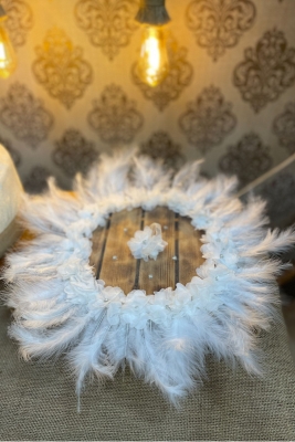 Beyaz Gelin El Halay Mendili Üç Boyutlu Çiçek Tüy Ve Parlak Taş Süslemeli