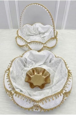 Beyaz Gelin Kına Gecesi Tepsi Sepet Takımı, Gold Parlak Taş Süslemeli, Nişan, Nikah, Düğün, Söz