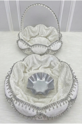 Beyaz Gelin Kına Gecesi Tepsi Sepet Takımı, Gümüş Parlak Taş Süslemeli, Nişan, Nikah, Düğün, Söz