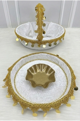 Beyaz Gelin Kına Gecesi Tepsi Ve Sepeti, Gold Pullu Ve Güpürlü Kadife, Düğün, Sünnet, Nişan, Söz