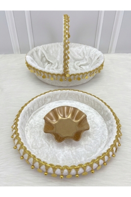 Beyaz Gelin Kına Gecesi Tepsi Ve Sepeti, Kadife, Gold Zilli Ve Pullu, Düğün, Sünnet, Nişan, Söz