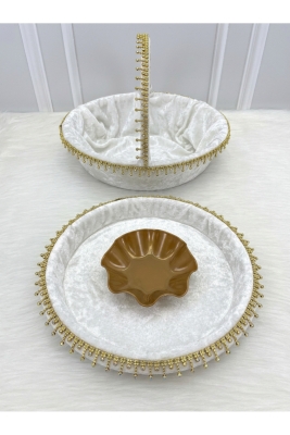Beyaz Gelin Kına Gecesi Tepsi Ve Sepeti, Lüks Parlak Taşlı Kadife, Düğün, Sünnet, Nişan, Söz