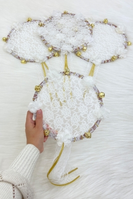 Beyaz Gelin Nedime Tefi Dantel 3D Süslemeli, Düğün Kına Sünnet Bride To Be