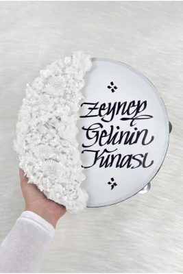 Beyaz Gelin Tefi 30 Cm, Kaligrafi Ve Vip Aplik Süslemeli, Düğün Sünnet Kına Nedime Nikah Nişan Söz Bride Parti Bekarlığa Veda Partisi Gelin Damat