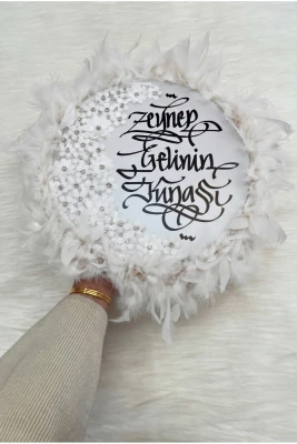 Beyaz Gelin Tefi 32cm, Çiçekli Parlak Taşlı Ve Tüylü, Düğün Kına Sünnet Nedime Bride Parti Defi