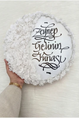 Beyaz Gelin Tefi 32cm, Kaligrafi Ve 3d Çiçek Süslemeli, Düğün Sünnet Kına Nedime Bride Parti Defi