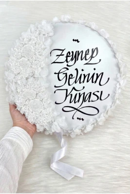 Beyaz Gelin Tefi 32cm, Kaligrafi Ve Vip Aplik Süslemeli, Düğün Sünnet Kına Nedime Nikah Söz Bride Parti Tefi
