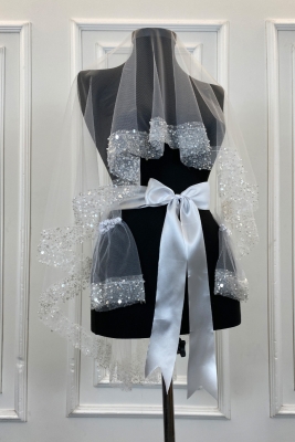 Beyaz Geniş Pullu Ve Incili Gelin Duvak Seti, Kına Gecesi Örtüsü Alı 6 Parça