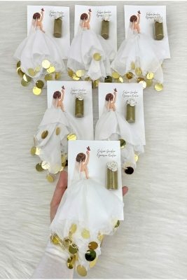 Beyaz Gold Şifon Kartlı Tüp Kınalı Hediyelik Halay Mendili, 10 Adet, Gelin Düğün Kına Nişan Bride