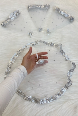 Beyaz Gümüş Gelin Damat Mendili, Pul Payet ve İncili,Düğün Halay Nedime Söz Nişan Kına Sünnet Mendil