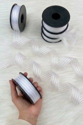 Beyaz Hilton Çizgili Şifon Kurdele 2,5 cm 20 mt, Gelin, Bohça, Nişan, Çeyiz, Hediye, Nikah, Süsleme