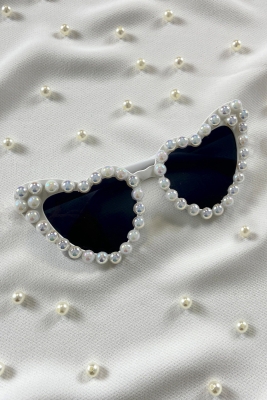 Beyaz Janjanlı İncili Kalpli Gelin Gözlük, Bride Akım After Parti Düğün Kına Eğlence Gözlüğü