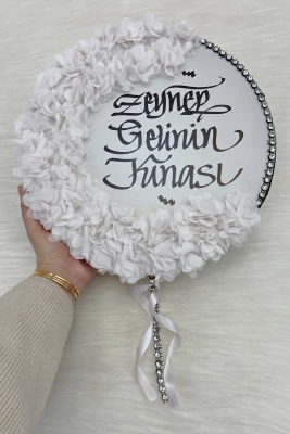 Beyaz Kaligrafi Gelin Tefi 32cm, Parlak Taş Ve 3d Çiçek Süslemeli, Düğün Kına Sünnet Nedime Bride Parti Defi