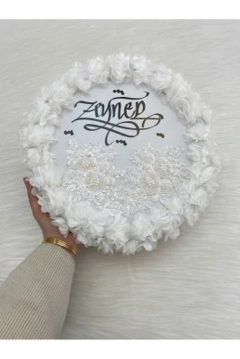 Beyaz Kaligrafi Gelin Tefi 32cm, Vip Güpürlü Ve 3d Çiçek Düğün Kına Sünnet Nedime Bride Parti Defi
