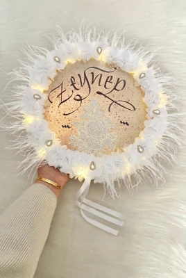 Beyaz Ledli Gelin Tefi 32cm, Lüx Aplik Çiçek Pul Payet Taşlı Tüylü, Düğün Kına Nedime Bride Sünnet