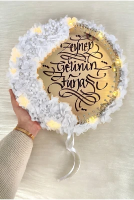 Beyaz Ledli Gelin Tefi 32cm, Lüx Aplik Çiçek Ve Parlak Taş Süslemeli, Düğün Kına Nedime Bride Sünnet