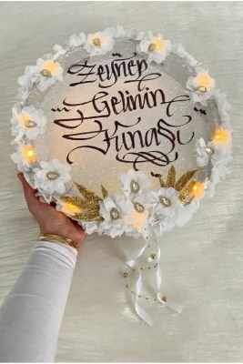 Beyaz Ledli Gelin Tefi 32cm, Üç Boyutlu Çiçek Ve Parlak Taş Süslemeli Def, Düğün Kına Gecesi Nedime Bride Sünnet