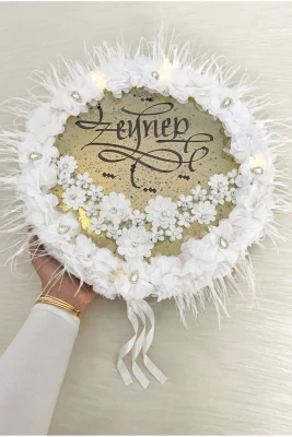Beyaz Ledli Gelin Tefi 32cm, Üç Boyutlu Çiçekli Tüylü Ve Parlak Taş Süslemeli, Düğün Kına Gecesi Nedime Bride Sünnet
