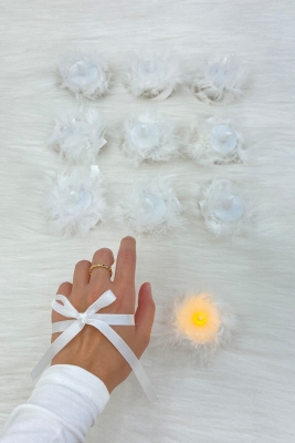 Beyaz Ledli Kına El Mumu, Düğün, Nedime, Bride, Sünnet, Led Işıklı, Tealight Mum Pilli Tüylü 12 Adet