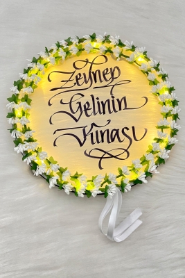 Beyaz Ledli Şeffaf Gelin Tefi 32cm Cipsolu Saten Kurdele Düğün Kına Nedime Bride Parti Defi