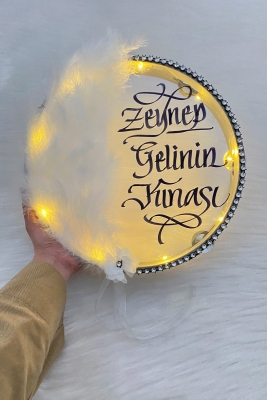 Beyaz Ledli Şeffaf Gelin Tefi 32cm Tüylü 3d Çiçek Saten Kurdele Düğün Kına Nedime Bride Parti Defi