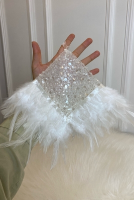 Beyaz Otantik Vip Gelin Mendili, Halay El Mendili, Boncuk Inci Pul Ve Tüy Detaylı