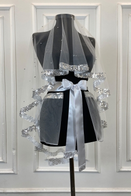 Beyaz Pul Payet ve İncili Gelin Duvak Seti, Kına Gecesi Duvağı Alı Örtüsü 6 Parça