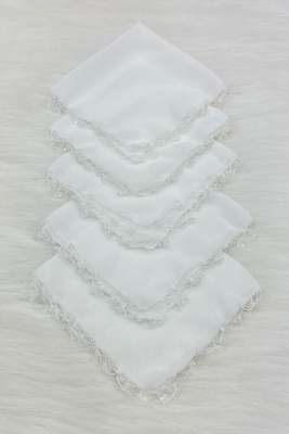 Beyaz Kristal Cam Boncuklu Gelin Damat Mendili, 5 Adet, Düğün Kına Sünnet Nişan Halay Nedime Hediye