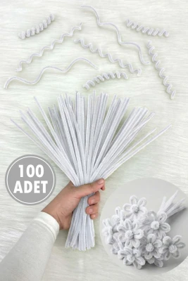 Beyaz Şönil 30cm, 100 Adet Tüylü Kadife Tel Peluş, El İşi, Çiçek, Hediye, Süsleme, Okul, Etkinlik