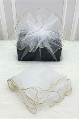 Beyaz Süsleme Tülü Gold Kenarlı, Bohça Çeyiz Gelin Damat Söz Nişan Nikah Valiz Hediye Süsü 100x100cm