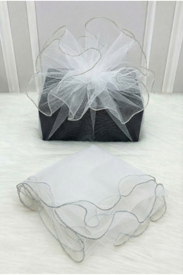 Beyaz Süsleme Tülü Gümüş Kenar, Bohça Çeyiz Gelin Damat Söz Nişan Nikah Valiz Hediye Süsü 100x100cm