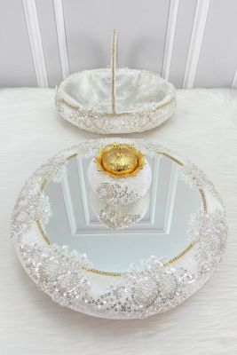 Beyaz Vip Aplikli Aynalı Kadife Kına Gecesi Tepsi Sepet Gelin Takımı, Nişan Nikah Düğün Söz Sünnet