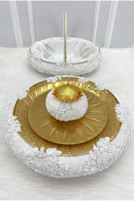 Beyaz Vip Aplikli Kadife Kına Gecesi Tepsi Sepet Gelin Takımı, Nişan Nikah Düğün Söz Sünnet