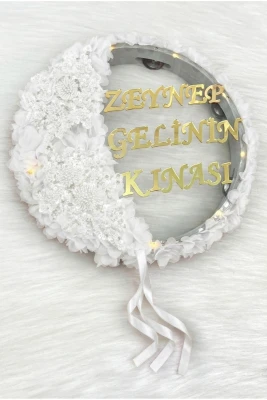 Beyaz Vip Aplikli Ve 3D Lazer Çiçek Süslemeli Pleksi Ledli Şeffaf Gelin Tefi 32cm, Düğün Kına Gecesi Nişan Söz Nedime Gelin Damat Bride Parti Sünnet T