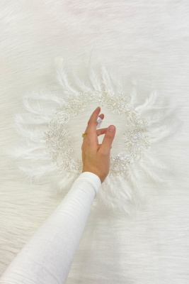 Beyaz Vip Gelin Mendili, Boncuk İnci Pul Tüy Detaylı Lüks Aplikli Damat Düğün Kına Sünnet Nişan