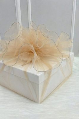 Bohça Süsleme Tülü Kapiçino, Gümüş Overlok Kenar, Çeyiz Gelin Damat Nişan Valiz Hediye Süs 150x150cm