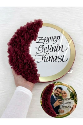Bordo Aynalı Gelin Tefi 30cm, Kaligrafi Yazılı Ve Lazer Çiçek Süslemeli, Düğün Nişan Sünnet Kına Nedime Nikah Söz Bride Parti Tefi