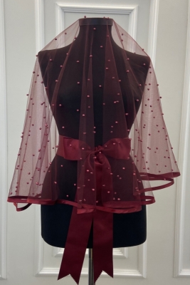 Bordo Biyeli Bol İncili Gelin Duvak Seti