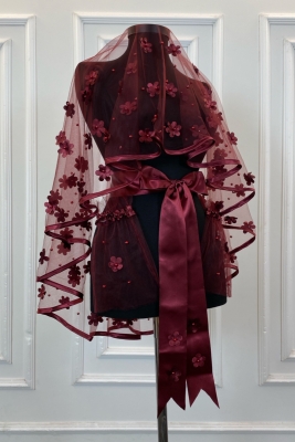 Bordo Biyeli Gelin Duvak Seti, Lazer Çiçek Ve Inci Detaylı, Kına Duvağı Alı Yüz Örtüsü 6 Parça