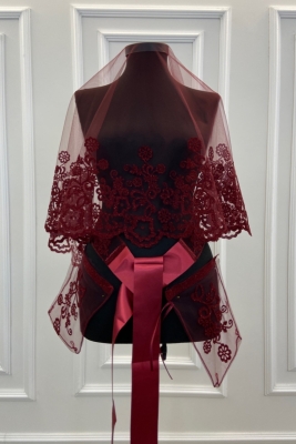 Bordo Çiçek Desen Flok Baskı Simli Gelin Duvak Kuşak Eldiven Set