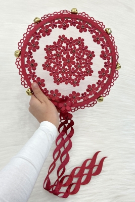 Bordo Çiçekli Parlak Taşlı Gelin Tefi, Düğün Kına Söz Sünnet Bekarlığa Veda Bride Zilli 25cm, 1 Adet